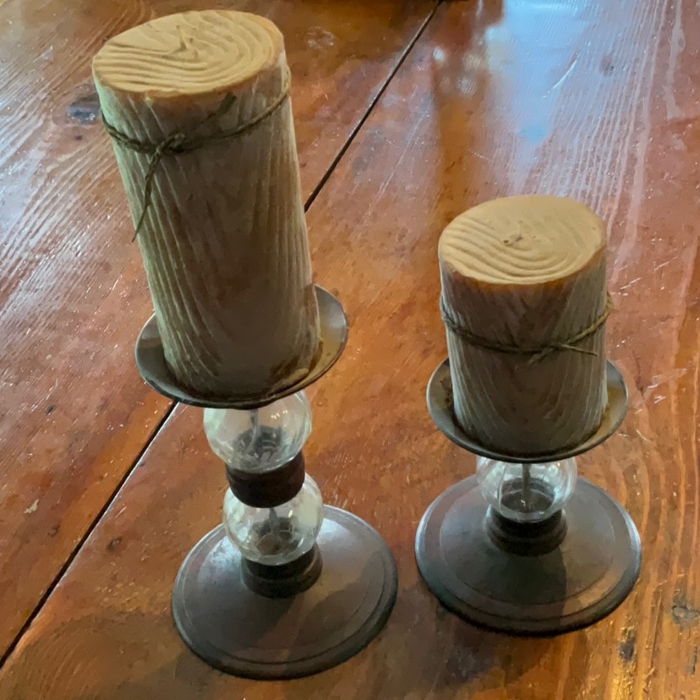 Rustic candle holders with Hazel Nut Grooved Pillar Candles